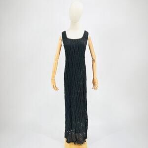 Vintage 90s Carole Little Black Gothic Crochet Beaded Maxi Tank Dress